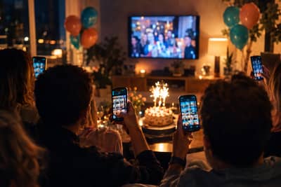 Geburtstagsrunde am Abend: Gäste halten ihre Handys mit der Galerie hoch, auf dem Fernseher laufen die Fotos